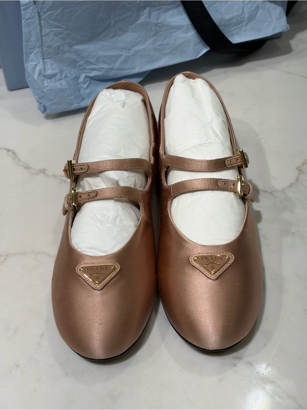 Prada Double-Strap Mary Jane Flats in Rose Gold Metallic - Picture 8 of 10